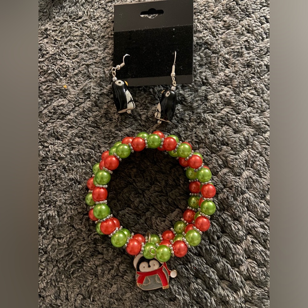 Handmade Christmas penguin bracelet and earrings set